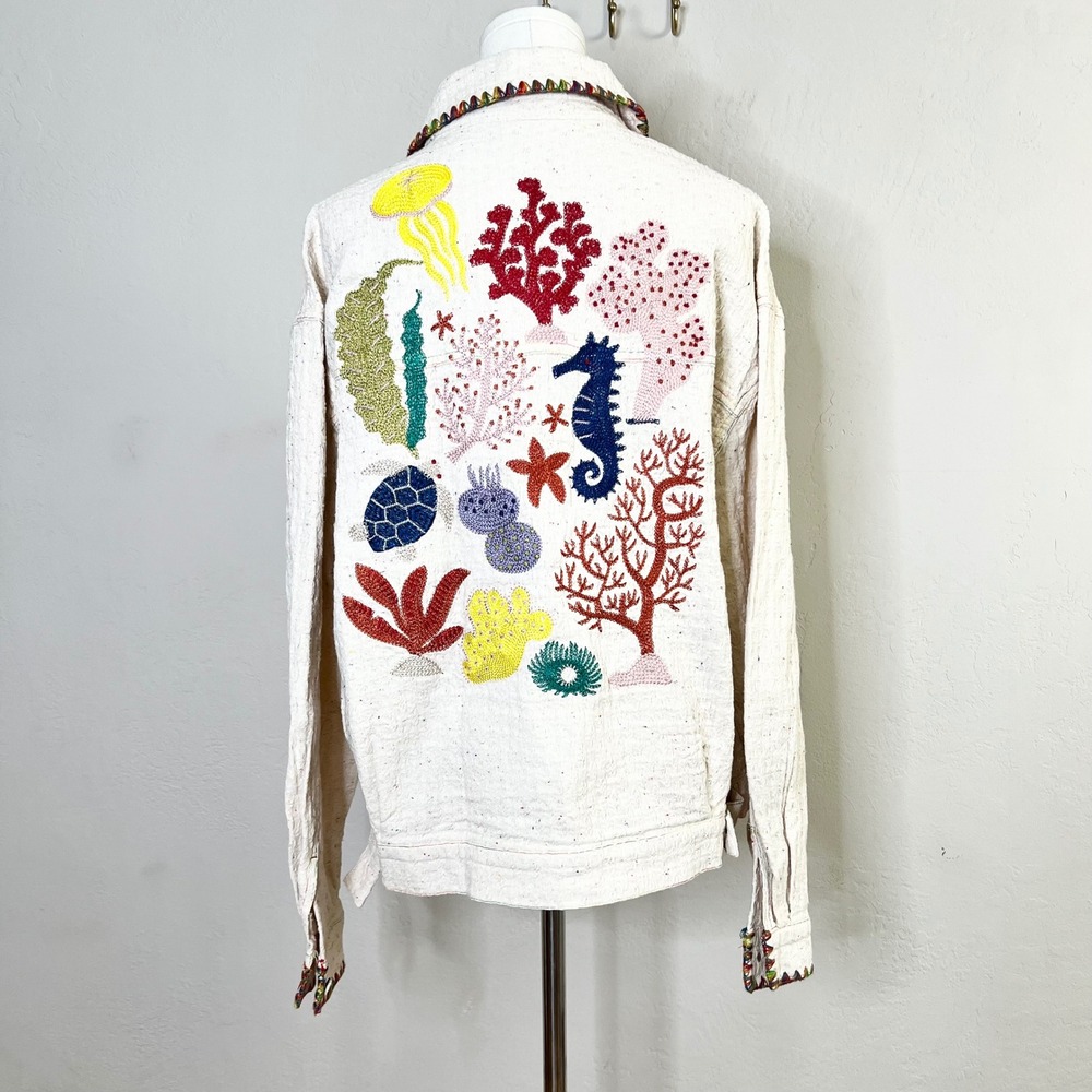 La Ros Jacket Womens Size Medium Cotton Sea Life Embroidered Resort NEW